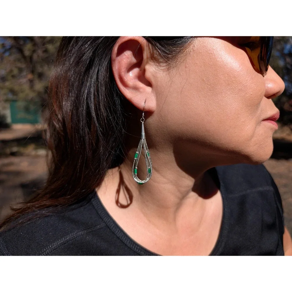 Navajo Silver &‎ Green Multi Strand Dangle Earrings | Southwestern Jewelry **